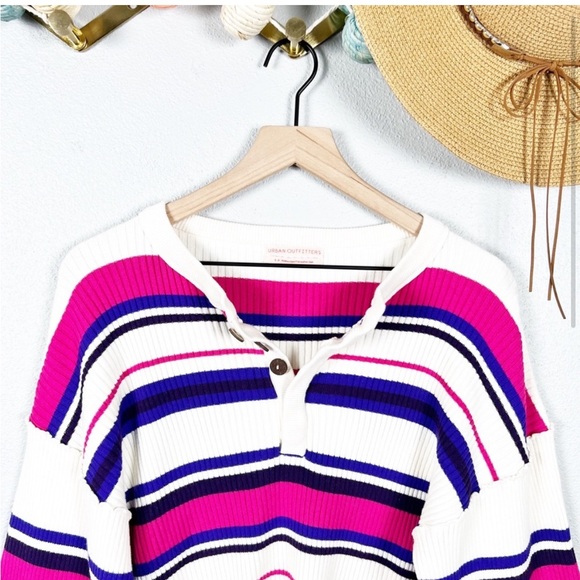 Urban Outfitters Tenny Ribbed Henley Striped Cropped Sweater - Picture 2 of 7
